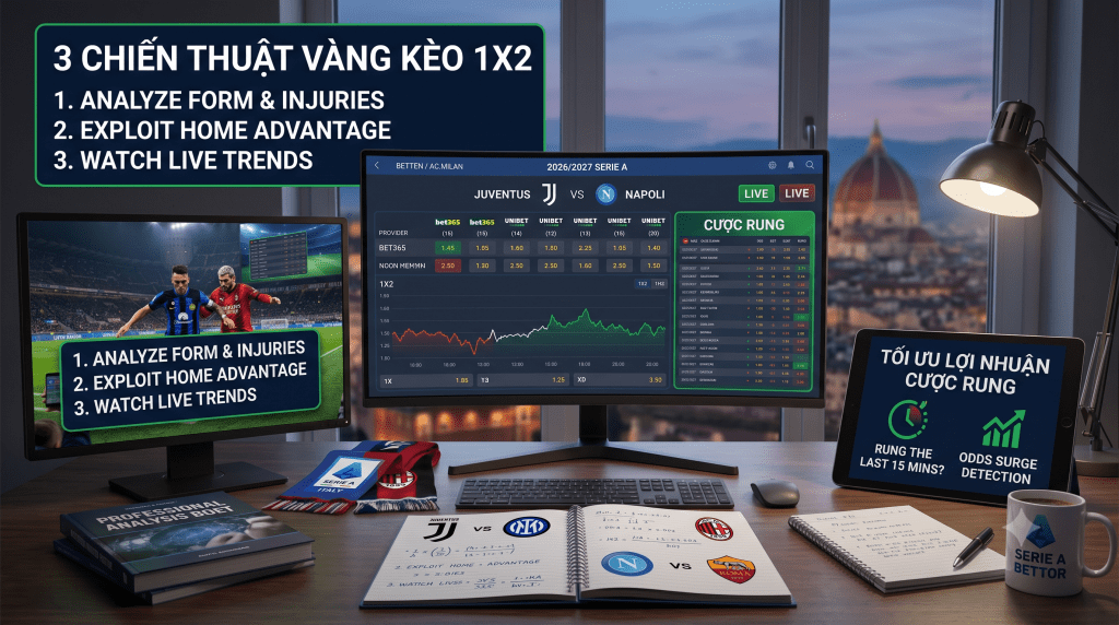 Kỹ thuật bắt kèo Serie A (1X2) và cược Rung trận đại chiến Serie A 2026/2027 3 chiến thuật cược rung